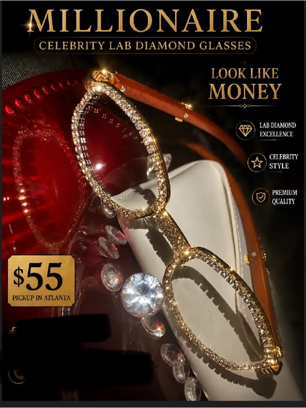 Millionaire Celebrity lab diamond glasses in gold tone. Sparkling lab diamond